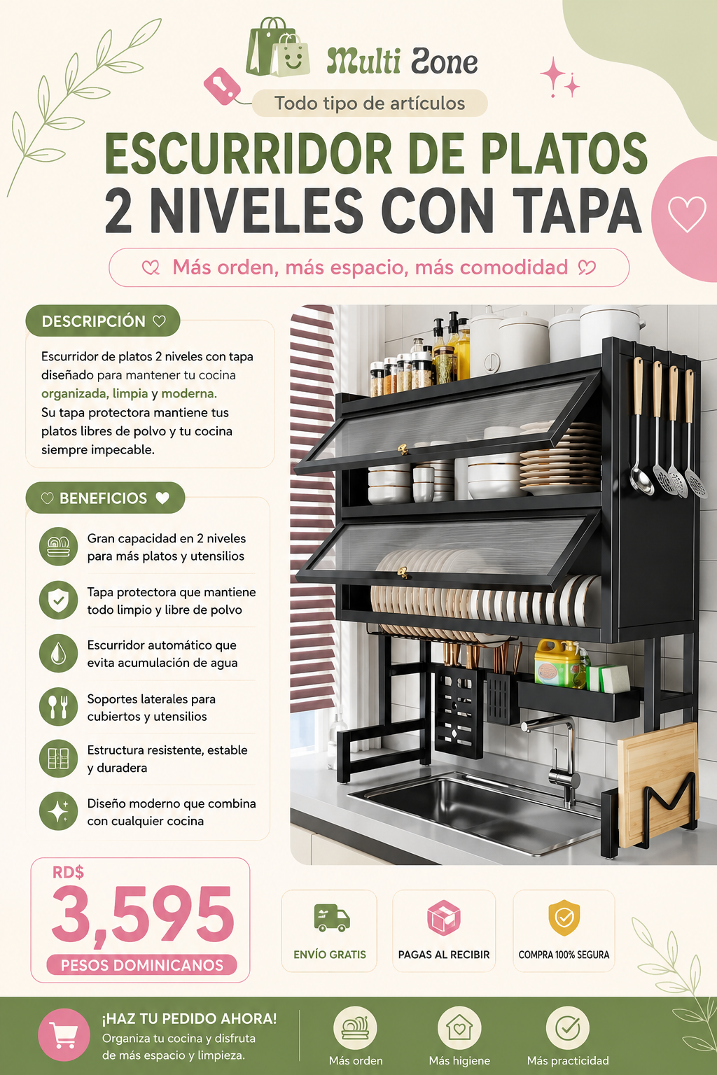 ESCURRIDOR DE PLATOS 2 NIVELES CON TAPA