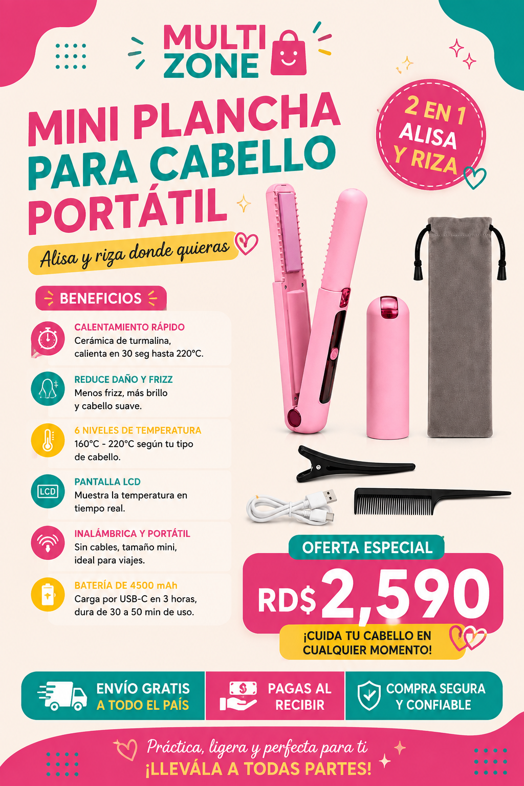 MINI PLANCHA PARA CABELLO RECARGABLE