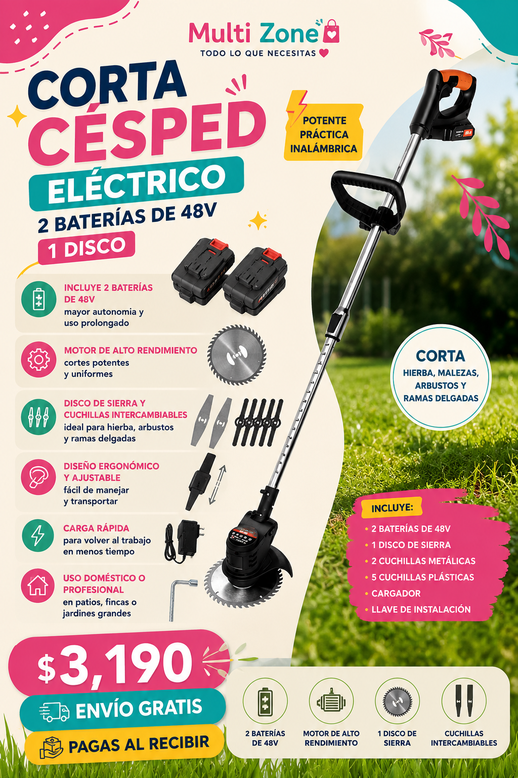 CORTA CESPED ELECTRICO 2 BATERIAS DE 48V 1 DISCOS