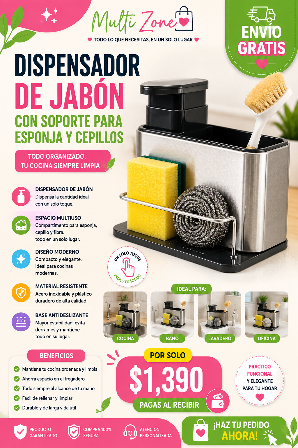DISPENSADOR DE JABON CON SOPORTE PARA ESPONJA