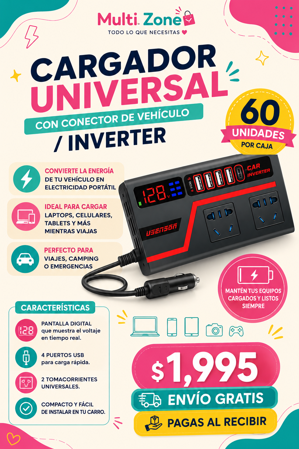 CARGADOR UNIVERSAL CON CONECTOR DE VEHÍCULO INVERTER